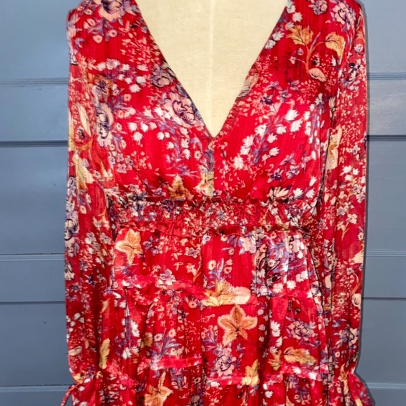 Free People Closer To The Heart Mini Dress Floral Tiered Bell Sleeve Boho 70s - Picture 4 of 5